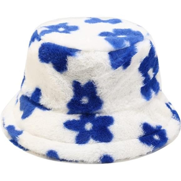 WOMEN'S Winter Faux Fur Fuzzy Warm Bucket Hat Blue Flower